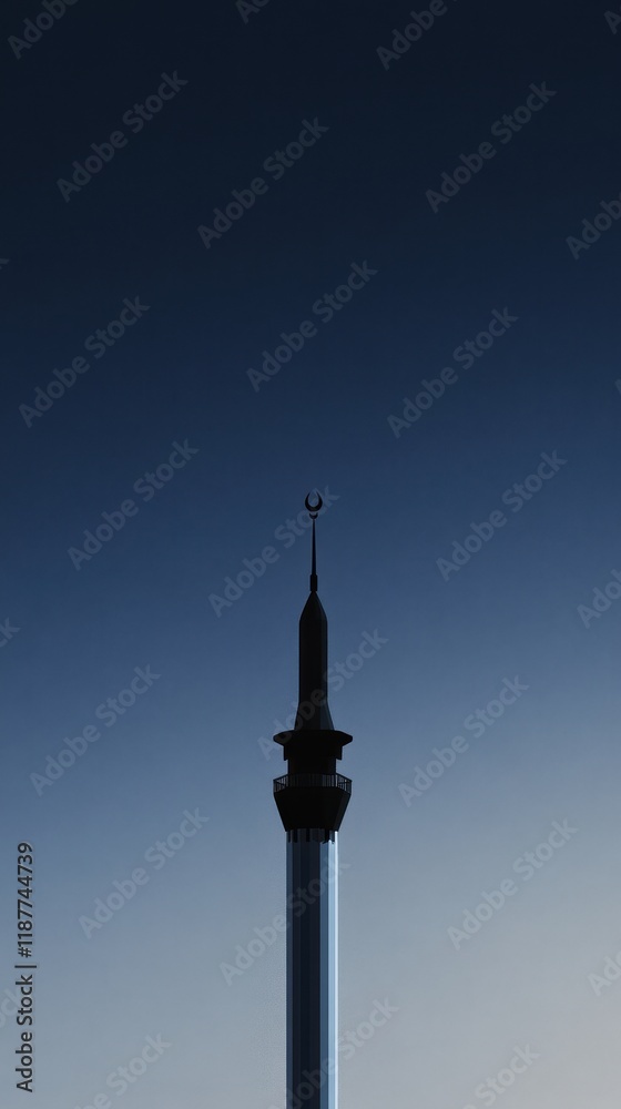 Serene Twilight Silhouette: Minaret Against a Deep Blue Sky. Serene Twilight Silhouette: Minaret Against a Deep Blue Sky.