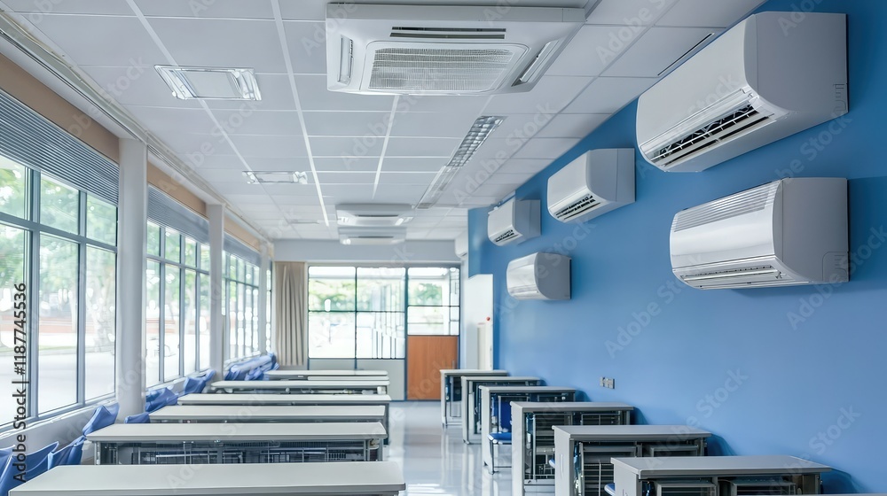 Modern Classroom with Air Conditioning Units and Bright Windows Modern Classroom with Air Conditioning Units and Bright Windows