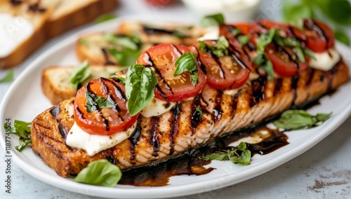 Grilled salmon with tomato, mozzarella, and balsamic glaze.