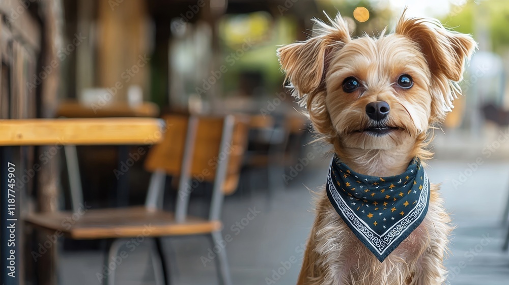 Adorable terrier with bandana in outdoor café setting Adorable terrier with bandana in outdoor café setting