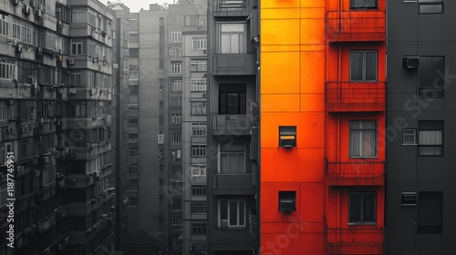 Vibrant Orange Building Standing Out in a Gray Urban Landscape