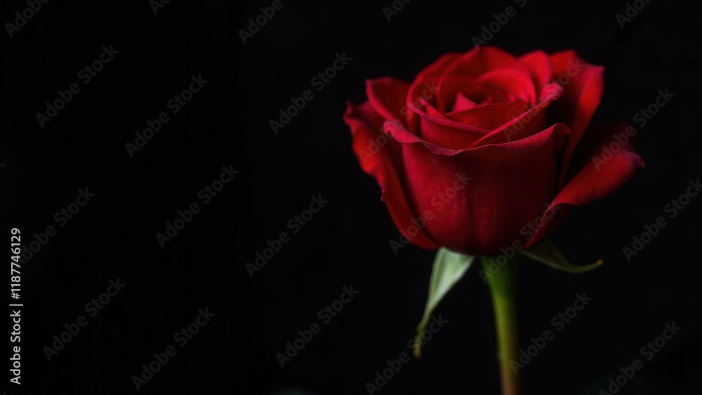 A vibrant red rose stands tall with intricate petals and green leaves, beautifully contrasted against a black background, highlighting its elegance and simplicity in a serene setting. A vibrant red rose stands tall with intricate petals and green leaves, beautifully contrasted against a black background, highlighting its elegance and simplicity in a serene setting.