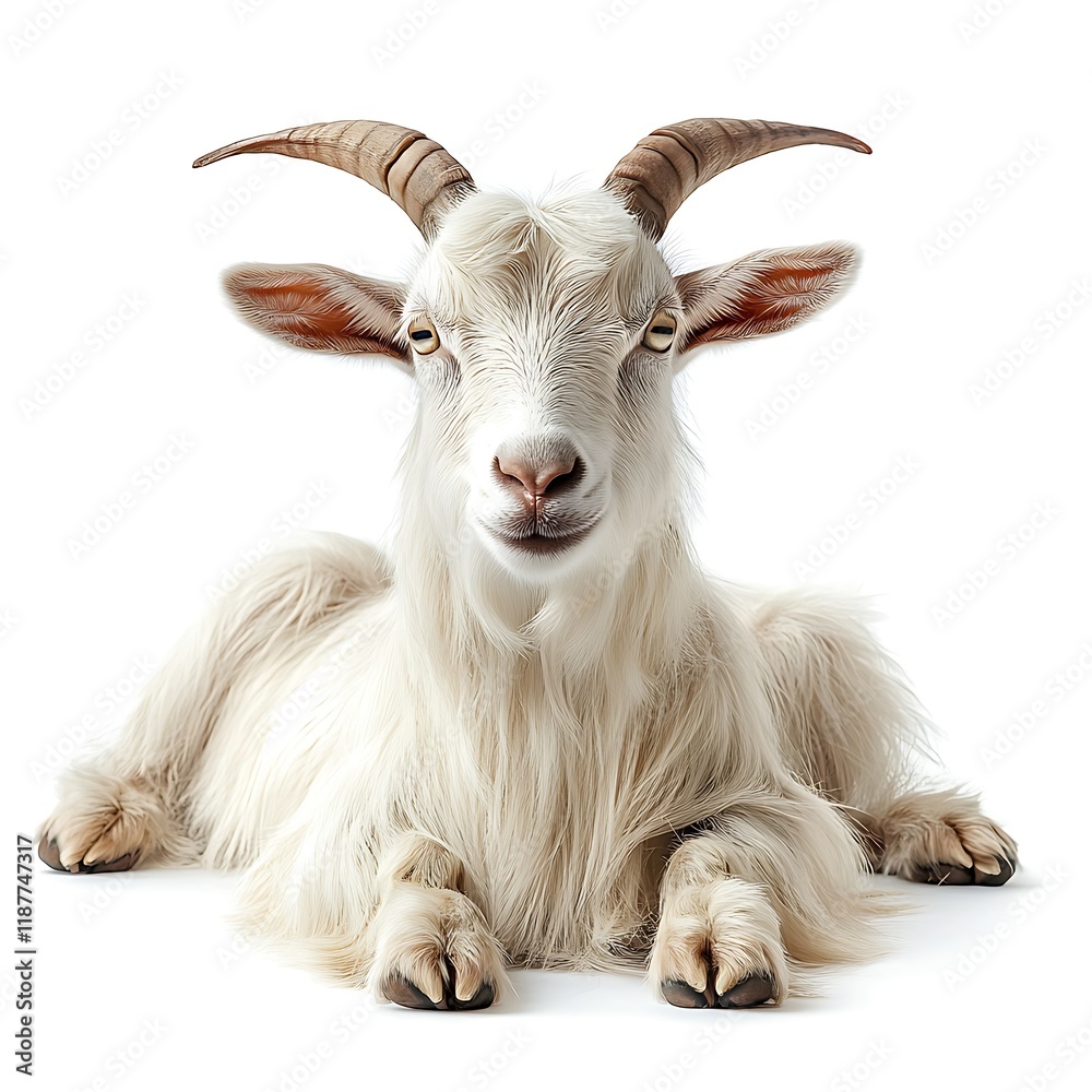 Fluffy white goat resting, isolated white background, farm animal