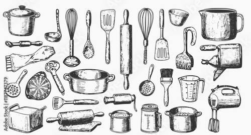 vector set Kitchen, tool, utensil, vector, drawing, engraving, illustration, set, collection
