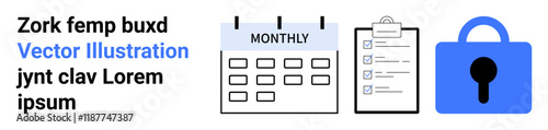 Monthly calendar, checklist with checkmarks, and lock symbol representing security. Accompanied by sample placeholder text. Ideal for scheduling, task management, security, organization, planning