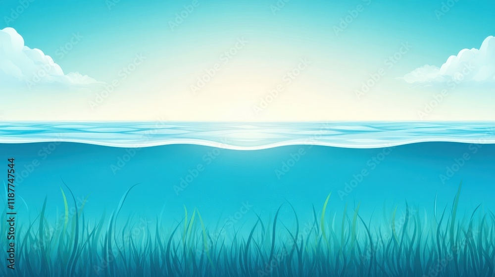 Obraz premium Tranquil Underwater Scene with Lush Green Grass Juxtaposed Against a Bright Blue Ocean Horizon Under Soft White Clouds