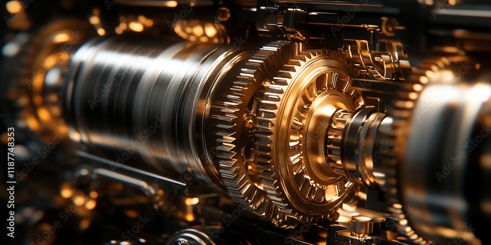 Fototapeta premium Golden gears mechanism, intricate engineering, close-up, industrial background