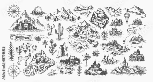 Fantasy map elements illustration, drawing, engraving, ink, line art, vector
