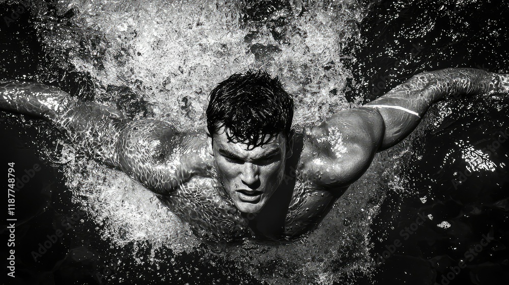 Fototapeta premium Dramatic Black and White Photograph of Swimmer Splashing Water