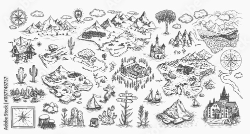 Fantasy map elements illustration, drawing, engraving, ink, line art, vector
