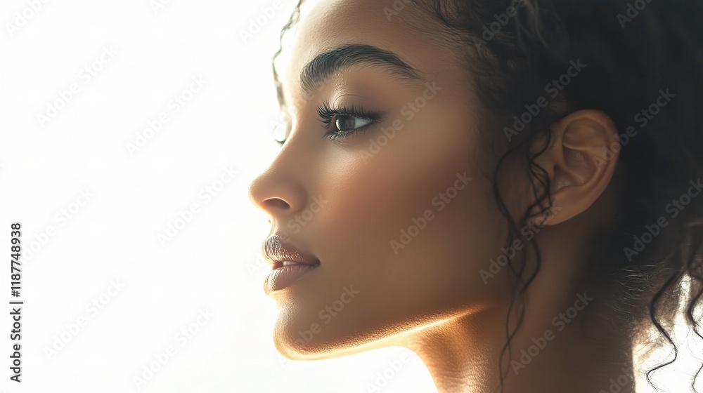Profile of a Woman: A captivating profile shot of a young woman with dark, curly hair, her gaze directed to the side, exudes confidence and serenity. The soft, natural light enhances her features. Profile of a Woman: A captivating profile shot of a young woman with dark, curly hair, her gaze directed to the side, exudes confidence and serenity. The soft, natural light enhances her features.