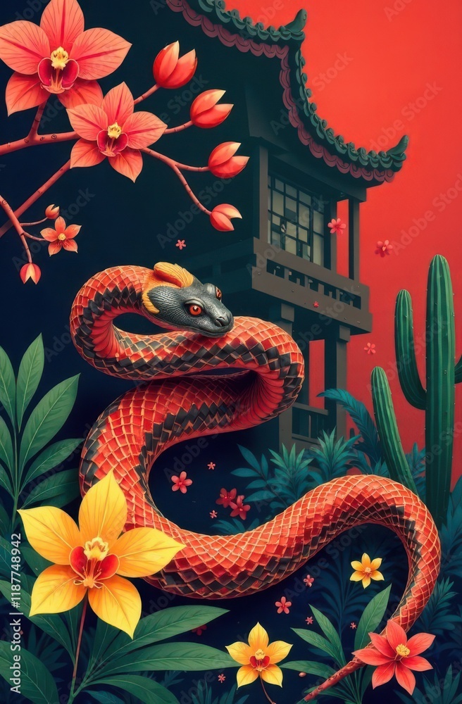 Fototapeta premium A vivid red snake coils around bright yellow and pink flowers, set against a backdrop of a traditional building and green foliage. The atmosphere is rich with artistic flair and cultural essence.