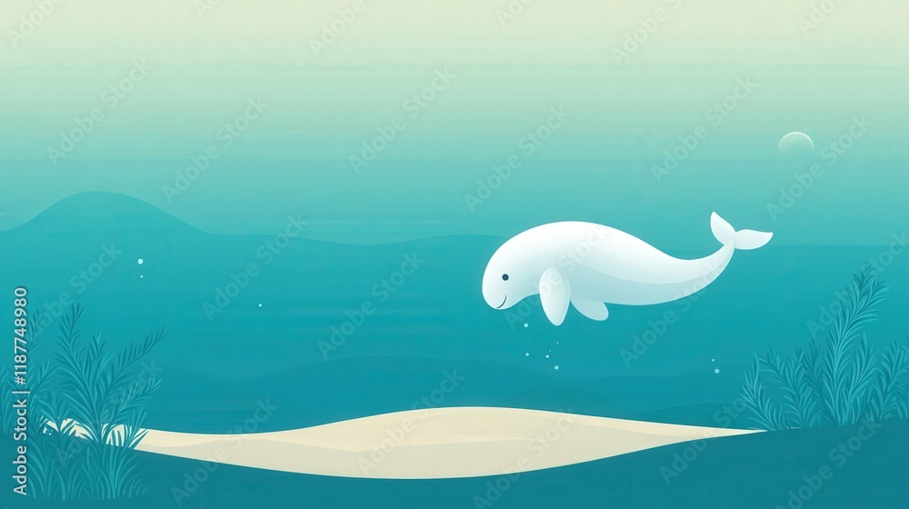 Naklejka premium Serene Underwater Scene Featuring a Playful White Beluga Whale Swimming Gracefully Through Tranquil Ocean Waters with Soft Blue Hues and Gentle Seaweed