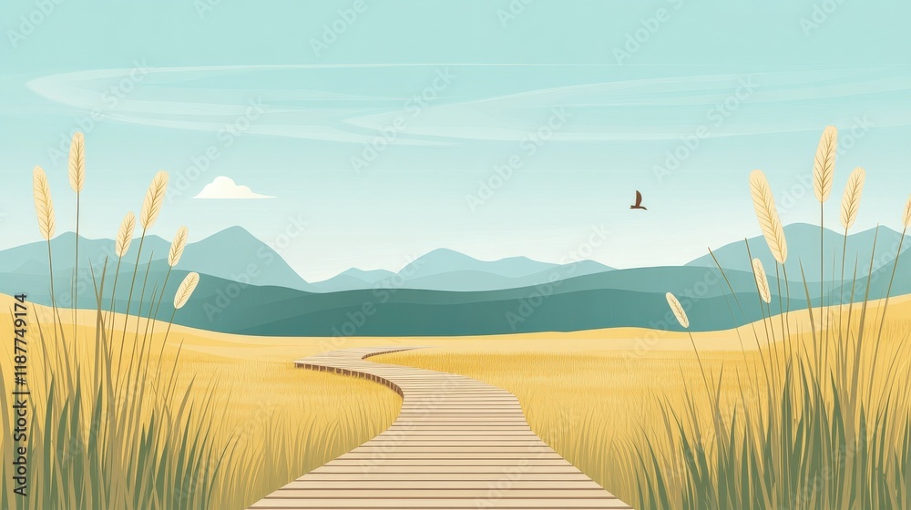 Obraz premium Serene Landscape with Pathway through Golden Grass Fields and Mountains under a Clear Sky, Featuring Wild Grass and a Flying Bird