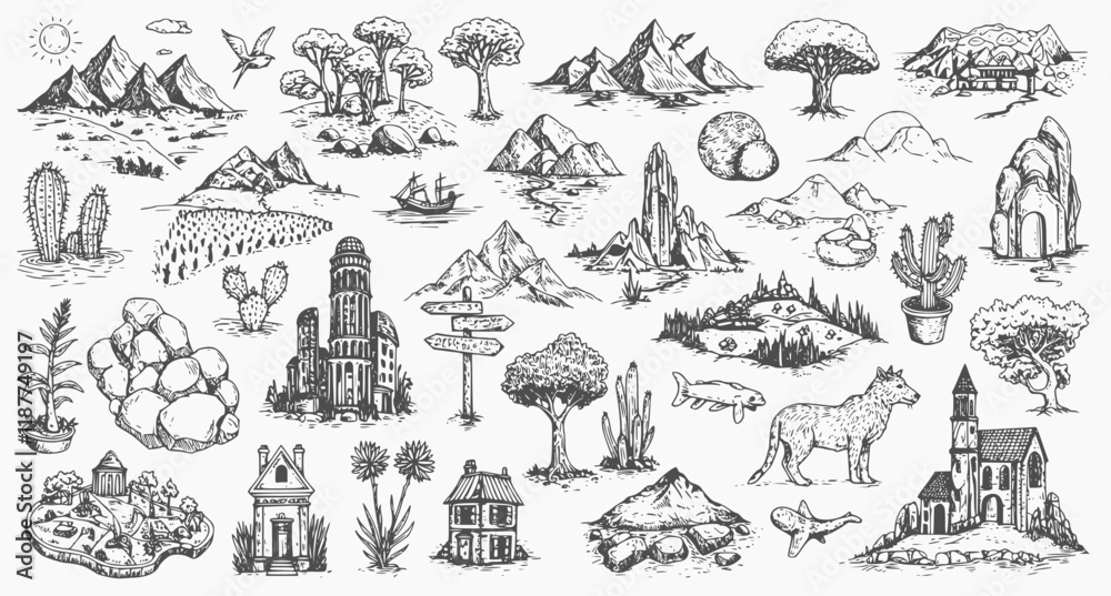 Fantasy map elements illustration, drawing, engraving, ink, line art, vector
Fantasy map elements illustration, drawing, engraving, ink, line art, vector