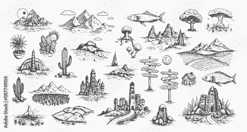 Fantasy map elements illustration, drawing, engraving, ink, line art, vector
