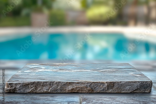 Stone Poolside Display, Summer, Relaxation, Mockup, Outdoor photo