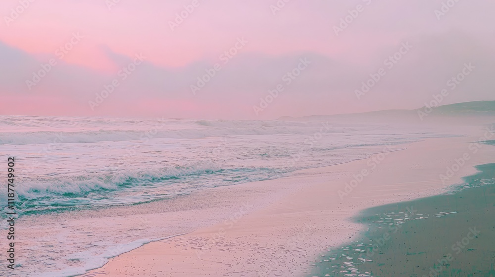 Fototapeta premium Serene Beach at Sunrise with Gentle Waves and Soft Pink Sky