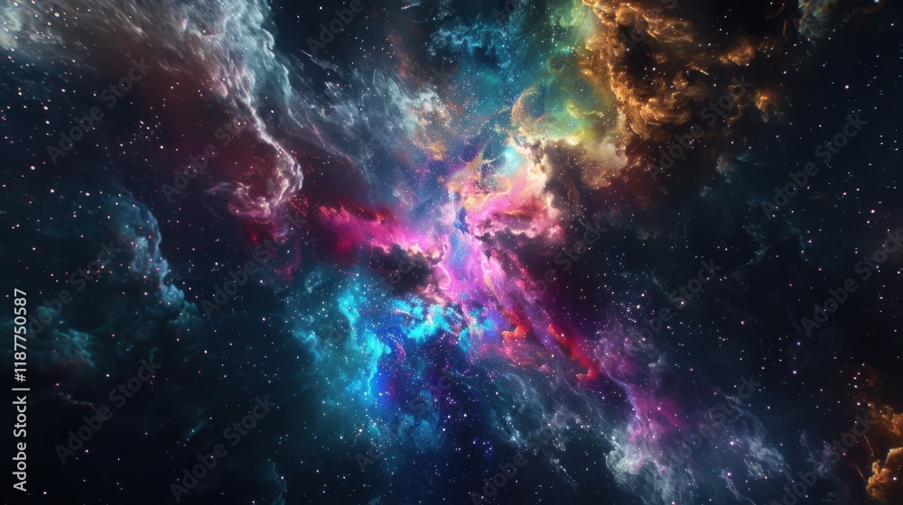 a cosmic explosion of vibrant colors and celestial phenomena, white space in the center of the page for text, dynamic and energetic hues against a dark a cosmic explosion of vibrant colors and celestial phenomena, white space in the center of the page for text, dynamic and energetic hues against a dark