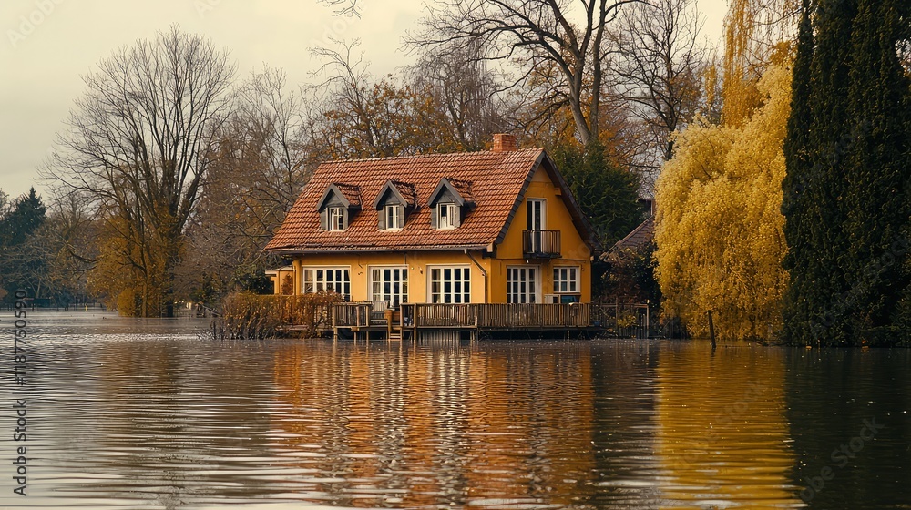 Fototapeta premium Beautiful Yellow House Surrounded by Calm Water and Autumn Trees