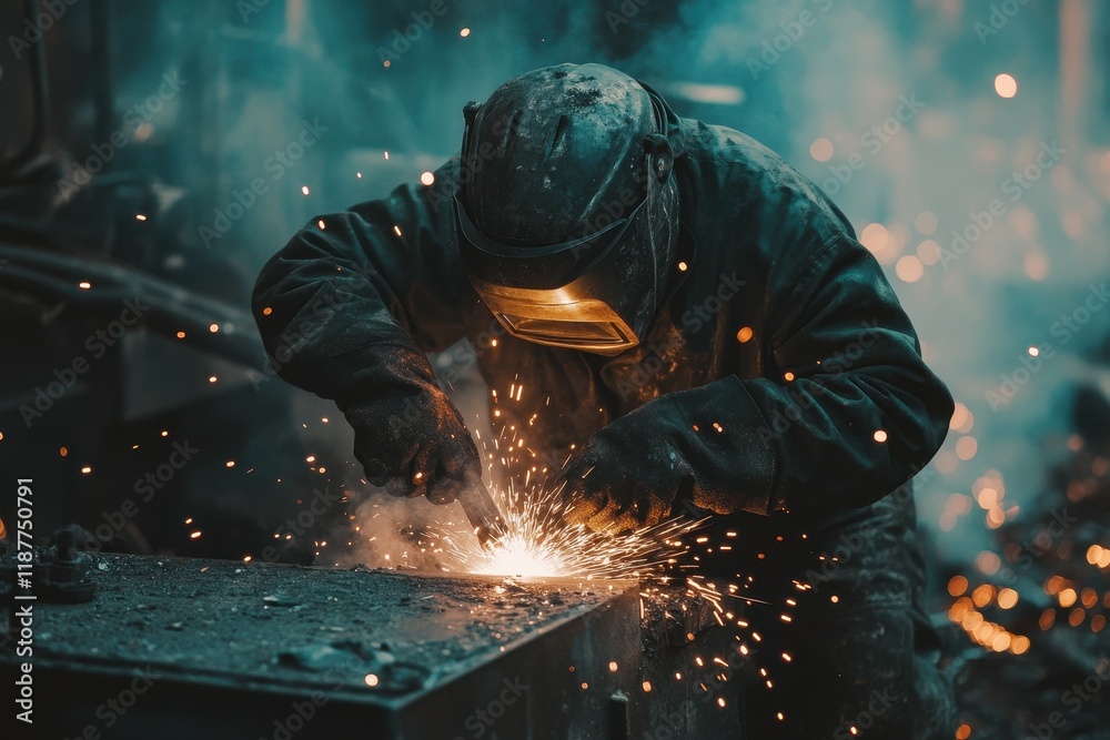 Welder in action, sparks flying, dark setting. Illustrates hard work, industrial strength, and manufacturing processes. Welder in action, sparks flying, dark setting. Illustrates hard work, industrial strength, and manufacturing processes.