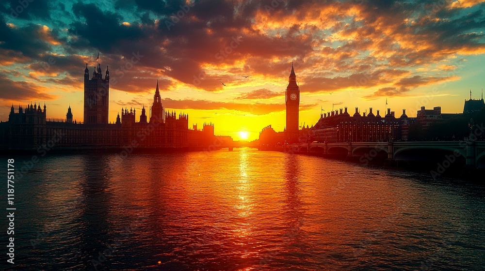 London's Iconic Skyline at Sunset: Houses of Parliament, Big Ben, and the Thames River in Golden Hour London's Iconic Skyline at Sunset: Houses of Parliament, Big Ben, and the Thames River in Golden Hour