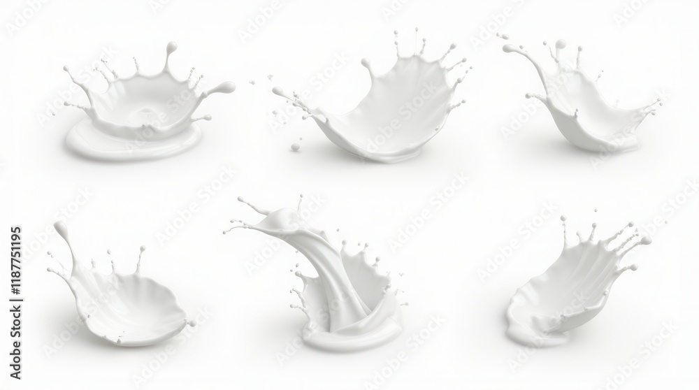 Set Of White Milk Splashes Isolated On White Set Of White Milk Splashes Isolated On White