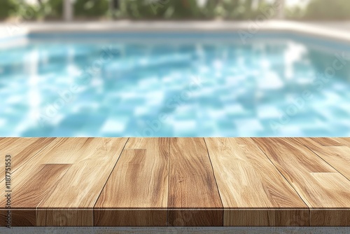 Wooden table, poolside, summer, tropical, bokeh background, advertisement