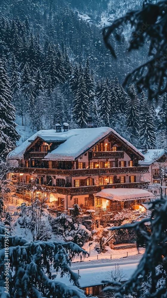 Fototapeta premium Cozy Mountain Lodge Surrounded by Snowy Pine Trees at Dusk