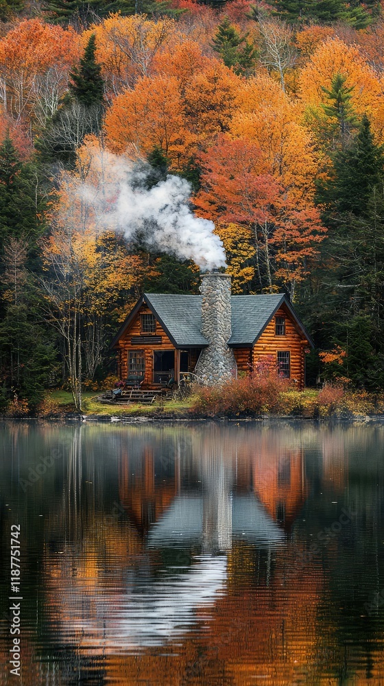 Cozy Log Cabin with Smoke and Fall Foliage Reflections in Lake Cozy Log Cabin with Smoke and Fall Foliage Reflections in Lake