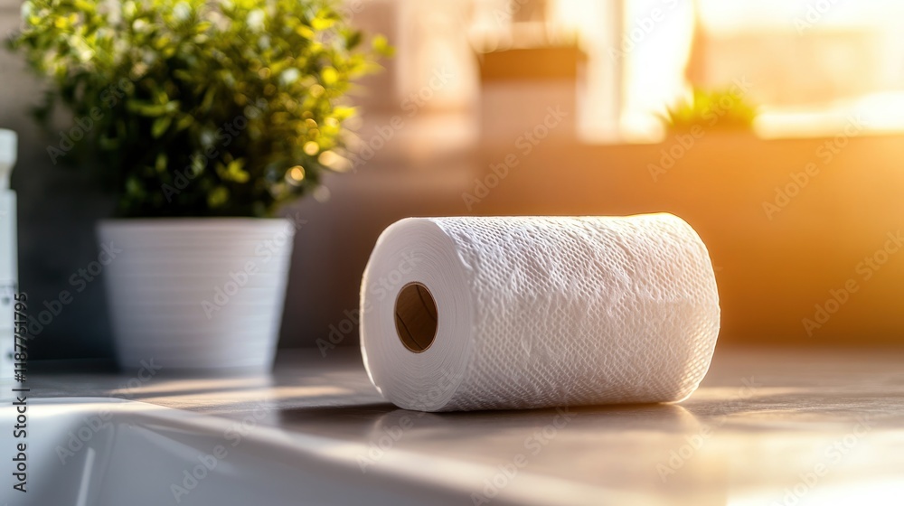 Obraz premium A roll of white toilet paper sits on a kitchen counter in sunlight.