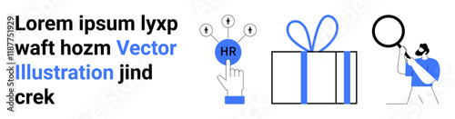 Composition includes fictitious text, finger pointing at HR button, large gift box, person holding magnifying glass. Ideal for HR concepts, employee rewards, recruitment strategies, talent