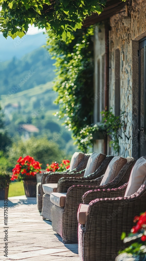 Obraz premium Cozy Outdoor Seating with Blooming Flowers in Serene Landscape