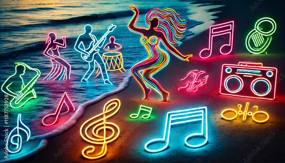 Naklejka premium woman dance beach palm tree sunset silhouette neon lines tropical vibes sand ocean twilight