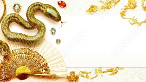 Jade snake coiling around traditional chinese fan a gemstone theme in cultural artistry photo