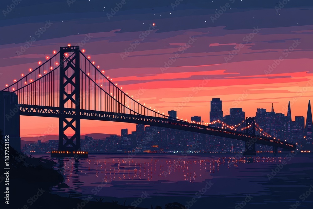 Fototapeta premium Scenic sunset over san francisco bay bridge with illuminated city skyline