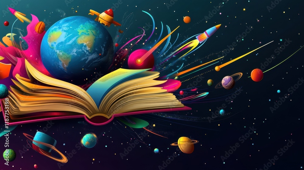 Naklejka premium A Universe of Knowledge: Open Book with Earth and Rockets in Space