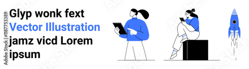Team members using tablets, one seated, one standing, next to a launching rocket. Ideal for teamwork, collaboration, tech innovation, start-ups, brainstorming project management creative processes