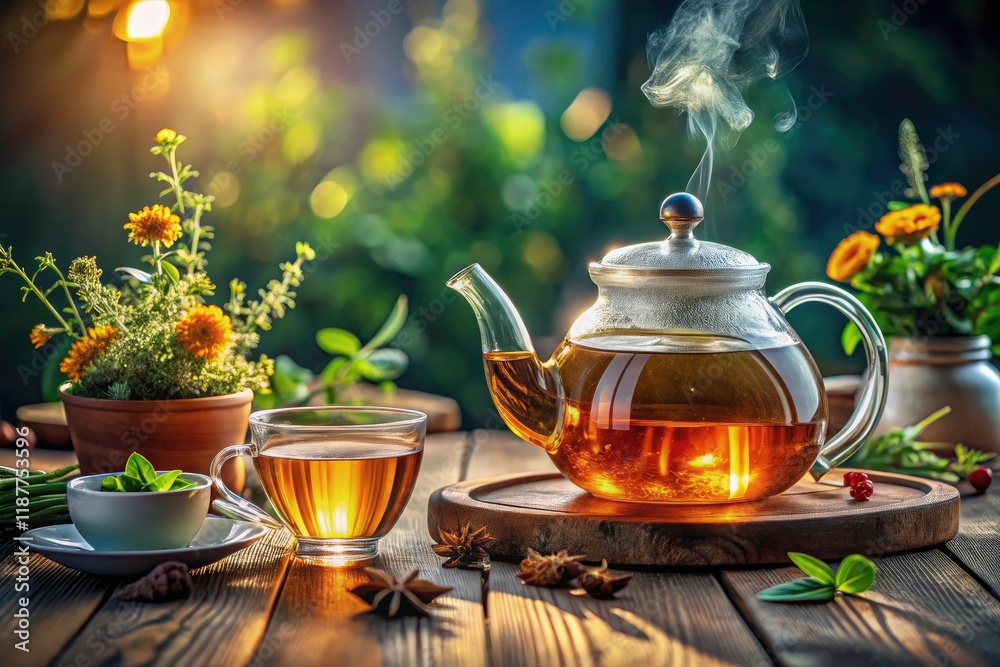 A glass teapot's herbal tea infusion, rendered in elegant line art, graces this still life. A glass teapot's herbal tea infusion, rendered in elegant line art, graces this still life.