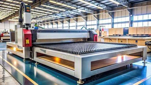 High precision laser cutting machine on workbench with various materials and tools photo