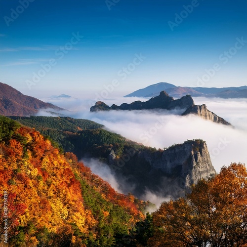 霧に包まれた朝の山々、紅葉が霧の中から顔を覗かせている風景。 photo