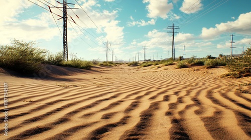 Rippling desert sandscape with power lines and blue sky photo