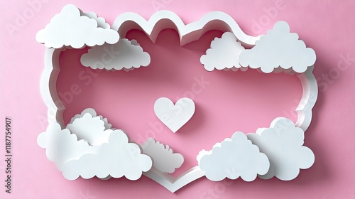White clouds and heart frame on pink background, ideal for Valentine's Day projects.