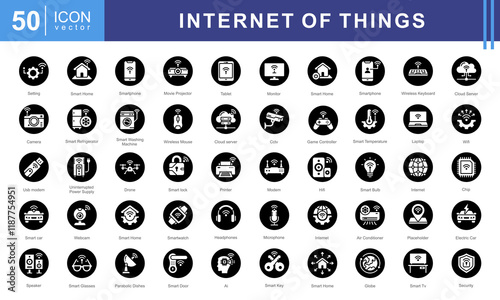 Internet of Things icon set such as wi fi, smart car, electronics, cloud computing, surveillance, smart building, smart energy. This modern and versatile collection is perfect for illustrating IoT.