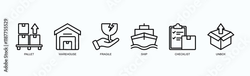 Logistics And Shipping Icons Icon Set Isolated Vector Illustration Concept With Icon Of Pallet, Warehouse, Fragile, Ship, Checklist, Unbox In Outline Style