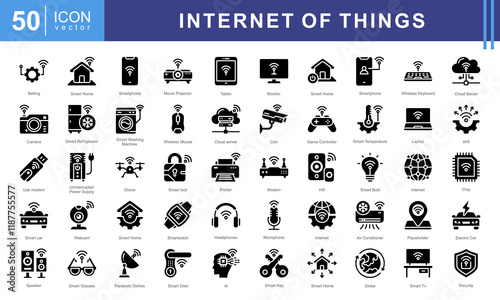 Internet of Things icon set such as wi fi, smart car, electronics, cloud computing, surveillance, smart building, smart energy. This modern and versatile collection is perfect for illustrating IoT.