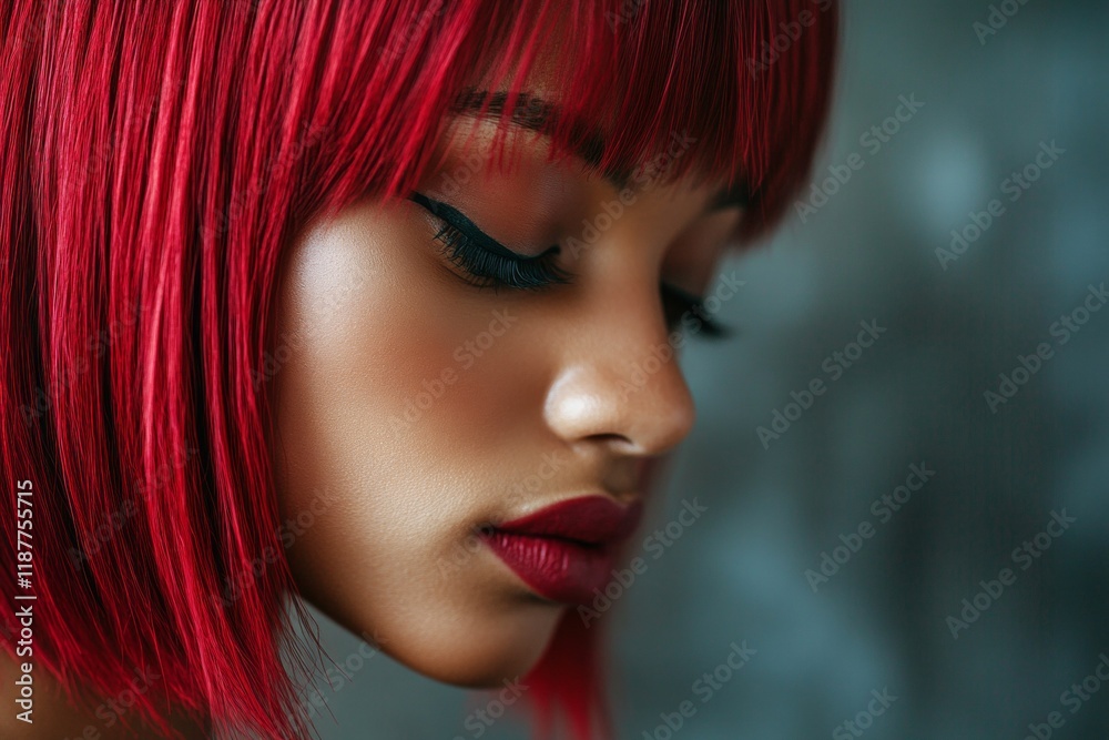 Naklejka premium Gorgeous calm black girl - for ads, brochure and digital marketing use. Commercial ad campaign idea. Short trim - red hair. Urban black campaign. Black elegance portraits. Modern fashion ads.