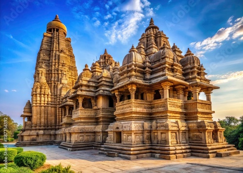 Explore Madhya Pradesh's Khajuraho: Devi Jagdambi Temple's intricate stone carvings grace the stunning Western Group temples. photo