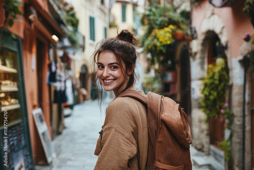 Fototapeta premium Young caucasian woman exploring charming european street with backpack