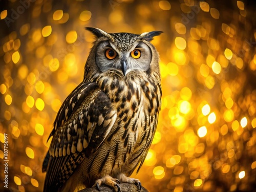 Gold backdrop showcases a regal black and yellow owl in stunning product photography. photo